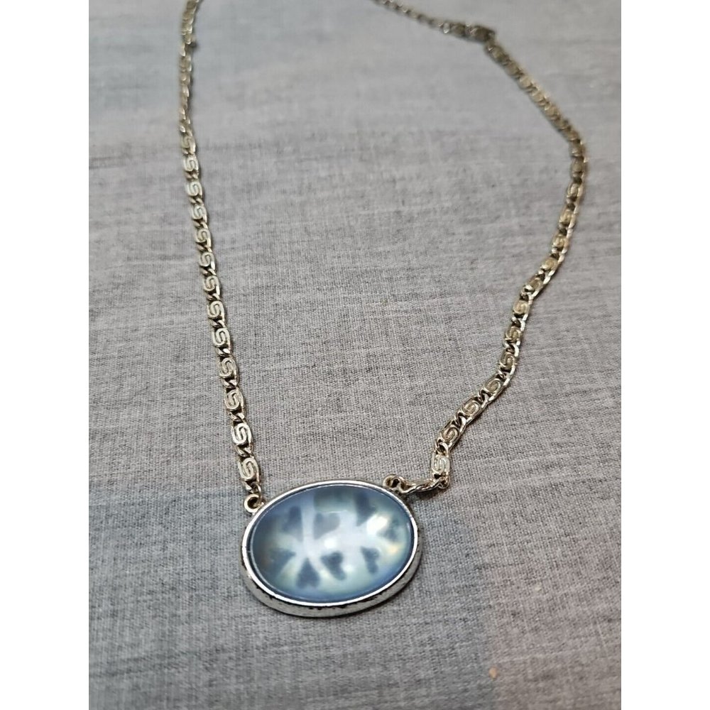 Vintage Blue Opaque Pendant CH Necklace, Silver Tone Chain, 18''